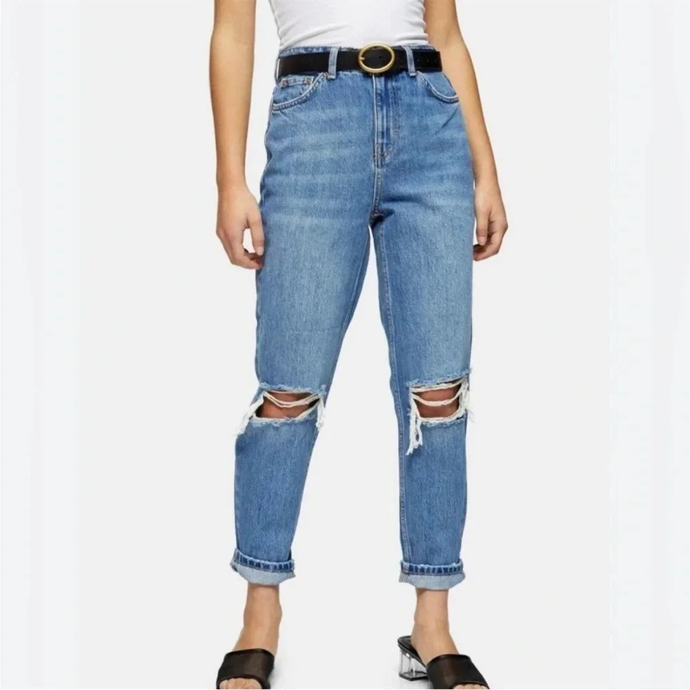 Topshop | Double Ripped Mom Jeans in Mid‎ Medium Blue Wash | size 34 x 28